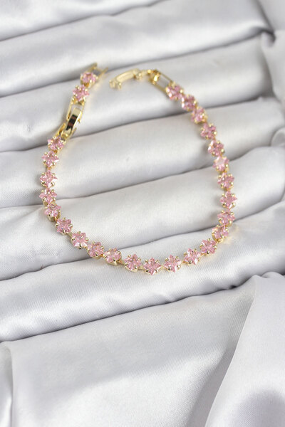 Hobibahçem Pink Square Zircon Stone Gold Color Brass Waterway Women's Bracelet