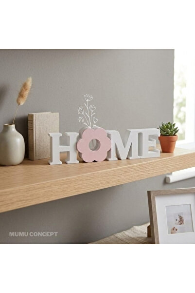 Mumu Çiçek Detaylı Home Yazısı Dekoratif Masa Üstü Biblo - Mini Çiçek Hediyeli Estetik Dekorasyon Objesi