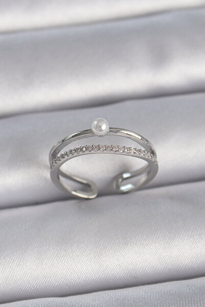 Twin Store Brass Silver Color Zircon Stone Pearl Detail Adjustable Model Wome...