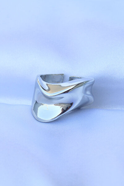 Hobibahçem Brass Silver Color Adjustable Thick Crushed Ring