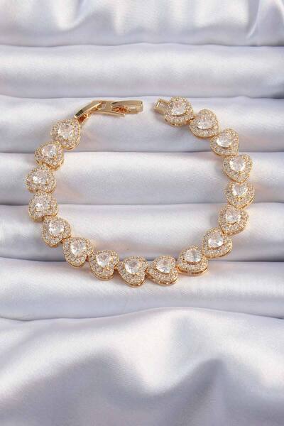 BŞK VİRGO Brass Vip Series Gold Color Zircon Stone Heart Model Bracelet