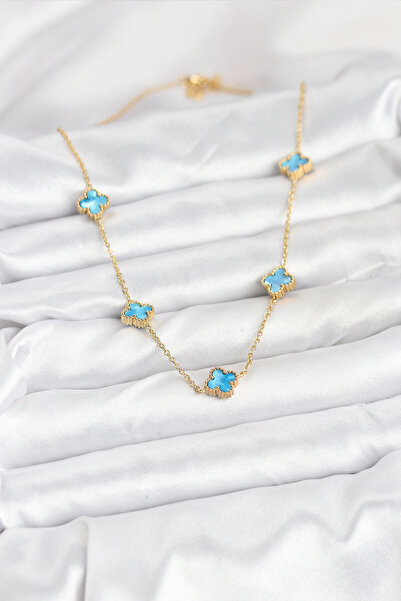 Hobibahçem 316L Steel Chain Gold Color Ice Blue Baby Boy Clover Women's Necklace