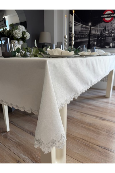 Decamor home Yakut Keten Dokulu Gümüş Simli Dantel Detaylı Beyaz Masa Örtüsü ...
