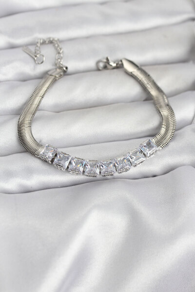 Hobibahçem 316L Steel Silver Color Square Zircon Stone Snake Chain Women Brac...