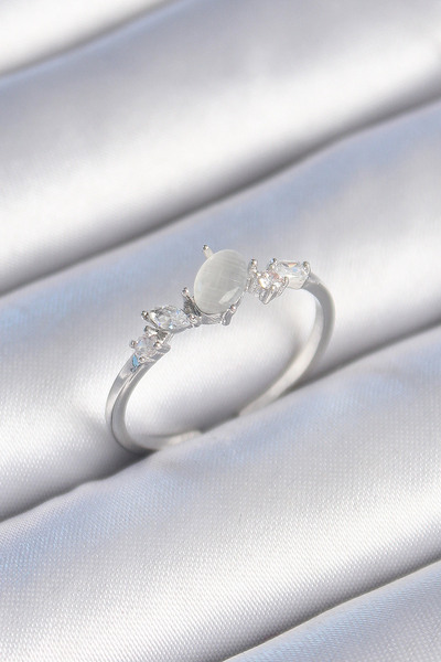 Beta Moda Hub Brass Silver Color Zircon Stone Oval White Enamel Women's Ring