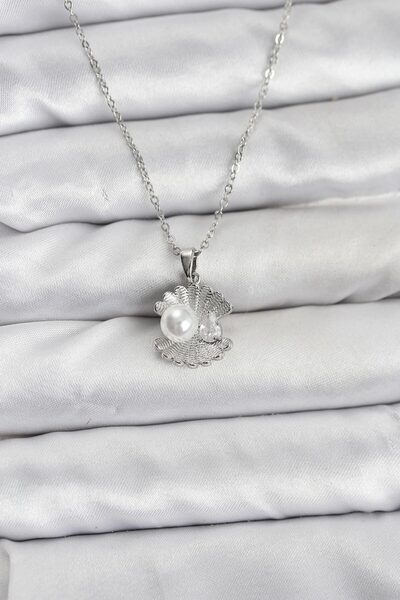 Beta Moda Hub 316L Steel Chain Silver Color Oyster Pearl Model Zircon Stone W...