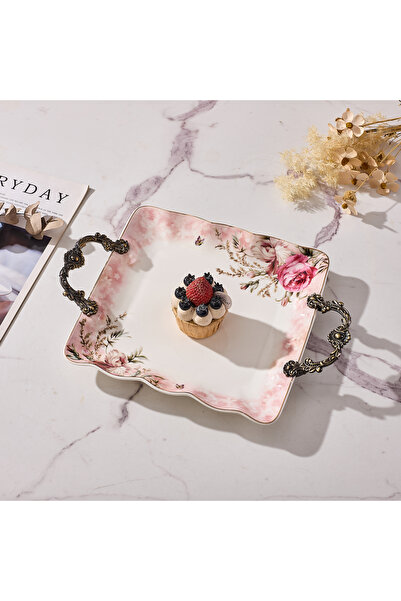 Malooki Πορσελάνινος δίσκος σερβιρίσματος με vintage φλοράλ σχέδιο, με μεταλλ...