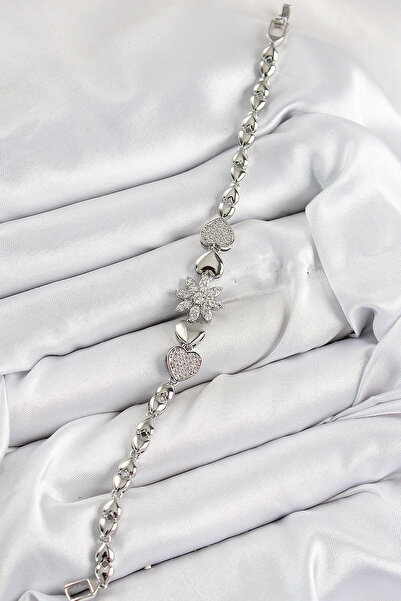Hobibahçem Brass Zircon Stone Heart Detailed Flower Model Silver Color Women'...