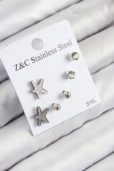 BŞK VİRGO 316L Steel Zircon Stone Starfish Model Silver Color Women's Set Ear...