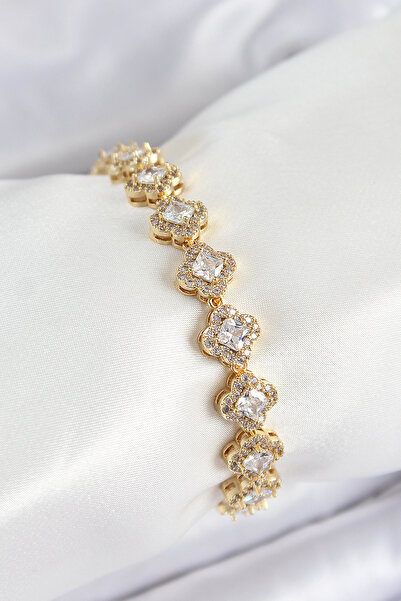 BŞK VİRGO Brass Zircon Stone Clover Baguette Model Gold Color Vip Series Wome...