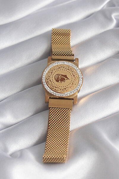 BŞK VİRGO 316L Steel Gold Color Magnet Mesh Zircon Stone Gold Model Women's B...