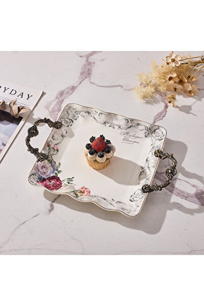 Malooki Πορσελάνινος δίσκος σερβιρίσματος με vintage φλοράλ σχέδιο, με μεταλλ...