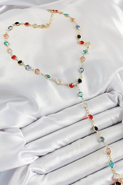 Hobibahçem Brass Assortment Model Gold Color Zircon Stone Y Necklace