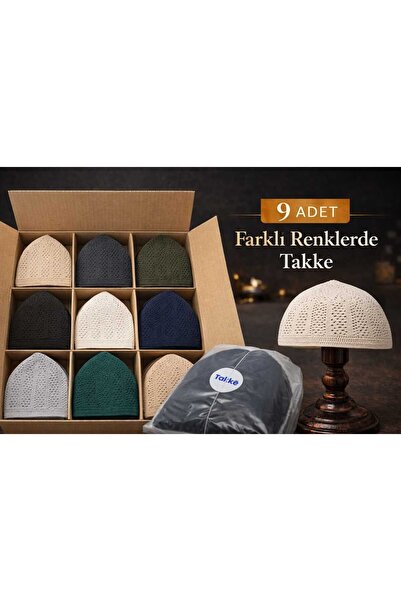 Takke ® Vaha 9’lu Seti – Farklı Renklerde Erkek Namaz Takkesi – Nefes Alan Ör...