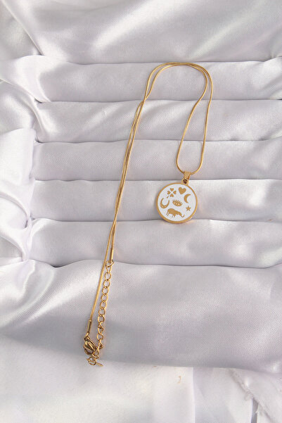 Hobibahçem 316L Steel Gold Color White Enamel Mixed Figure Tarot Necklace