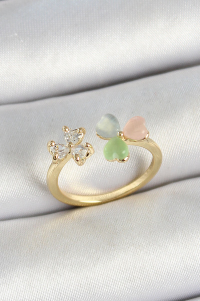 Twin Store Gold Color Adjustable Women's Ring with Brass Figure and Zircon Stone