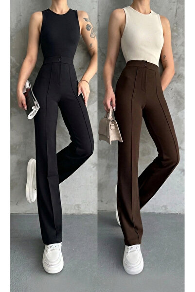 kalawear Γυναικείο μαύρο παντελόνι παλάτσο με ψηλόμεσο σχέδιο 2 τεμαχίων