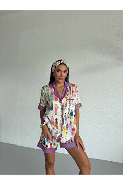 velare Saten Figürlü Şortlu Pijama Takımı