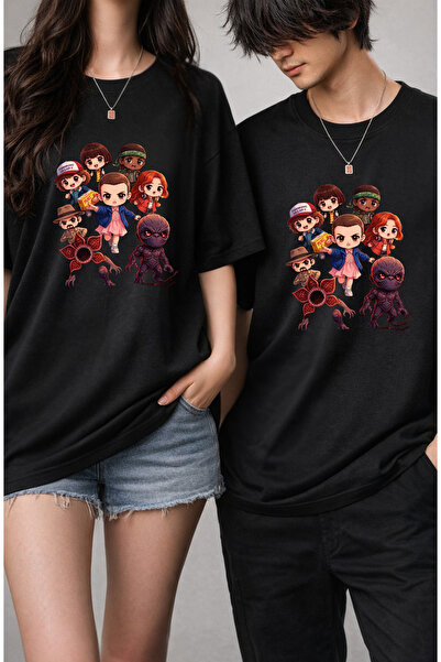 dompulerimoda Stranger Thingers Kids Oversize Unisex Black T-Shirt