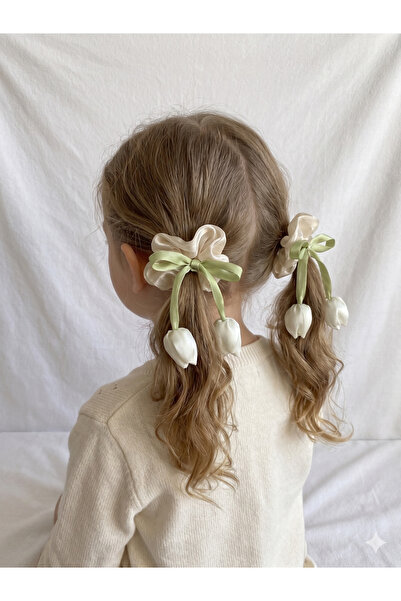 Tulip Ribbon Premium Fabric Girl Rubber Buckle 2pcs - Hair Accessory with Silk Texture