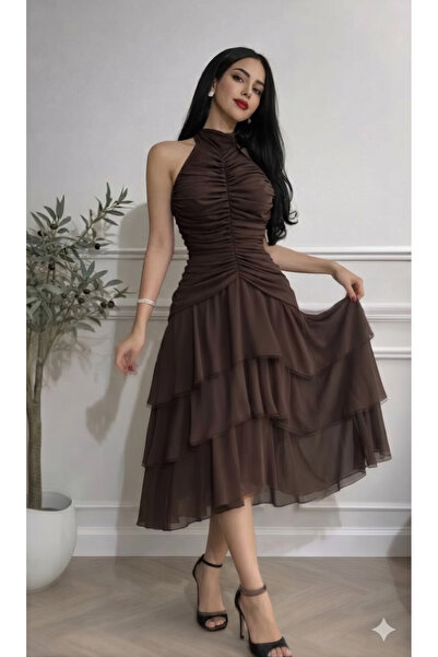 Lyon فستان "شوكولا" الراقي - تصميم روتشد بطبقات الشيفون