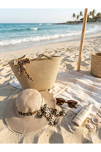 bayram taşcıoğlu home desing Women's Straw Hat & Shoulder Bag Set with Leopard Ribbon - Stylish Summer Beach Combination