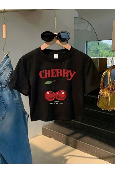 E-ROMA Μπλουζάκι crop με στάμπα κεράσια 1UT1