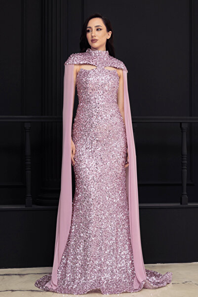 BEYBOS Μακρύ βραδινό φόρεμα με λεπτομέρεια από παγιέτες και εφέ κάπας - PUDRA