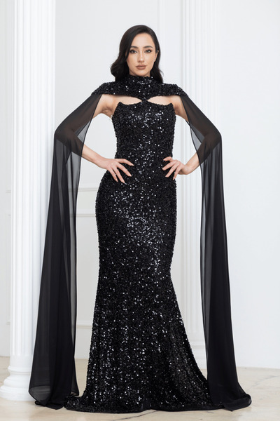 BEYBOS Μακρύ βραδινό φόρεμα με λεπτομέρεια από παγιέτες - ΜΑΥΡΟ