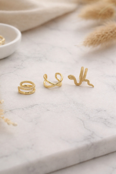 Dukkanka 3’lü Kombin kıkırdak küpe - Trendy Gold Ear Cuff Set