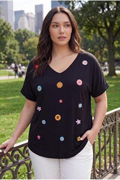 Ebsumu Women's Plus Size Flower Embroidered Black Blouse