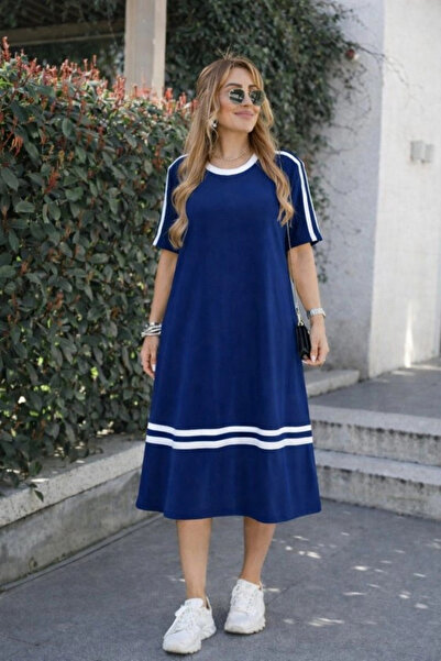 Generic Brand Women's Short Sleeve Crew Neck Stripe Detailed Midi Viscose Dress
