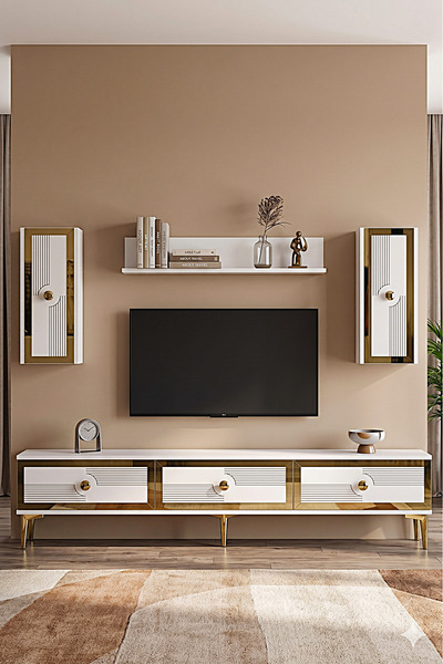YUMEDİ DESİGN TVR1816BG - TEMTEM TV ÜNİTESİ TAKIMI 180CM BEYAZ-GOLD