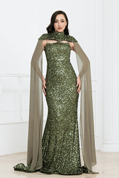 BEYBOS Μακρύ βραδινό φόρεμα με λεπτομέρεια από παγιέτες - ΠΡΑΣΙΝΟ ΧΑΚΙ