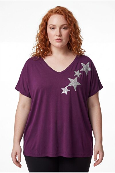 Ebsumu Women's Plus Size Front Back V-Neck Star Printed Purple Blouse