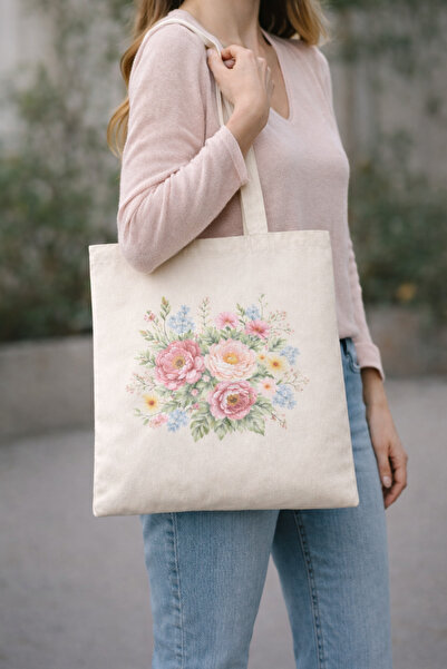 Tomris Hatun Υφασμάτινη τσάντα με στάμπα λουλουδιών, τσάντα ώμου, υφασμάτινη ...