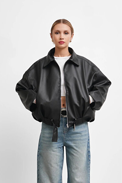 Orions Collection Γυναικείο δερμάτινο μπουφάν oversized με ζώνη και αγκράφα, ...