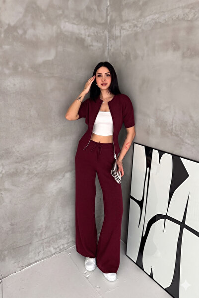 MİROR Γυναικείο Σετ Πλεκτό Βουργουνδί Σετ με Φερμουάρ Ψηλόμεσο Παντελόνι με Φ...