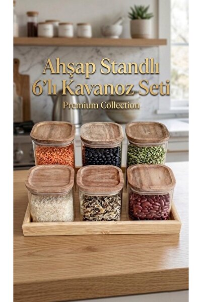 TARIK HOME Set of 6 Jars with Wooden Stand - Bamboo Stand, Acacia Lid, Silico...