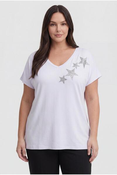 Ebsumu Women's Plus Size Front Back V-Neck Star Printed White Blouse