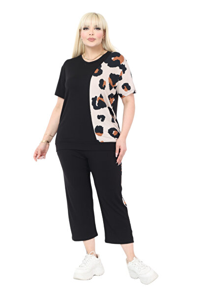 MELSAY Γυναικείο μαύρο κοντομάνικο σετ κάπρι με μοτίβο μισού πάνθηρα και ελασ...