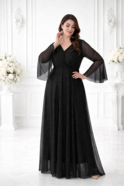 IŞILTI Γυναικείο μαύρο βραδινό φόρεμα με διπλό γιακά, μακριά μανίκια από τούλ...