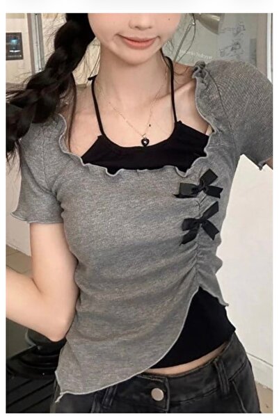 Köstebek Ανθρακί ασύμμετρη μπλούζα με βολάν, λεπτομέρεια φιόγκου και επιπλέον...