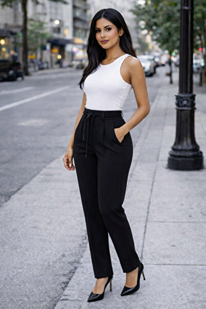 İpli Γυναικείο παντελόνι με ψηλή μέση, πιέτες και λεπτομέρεια σε σχέδιο χλοοτ...