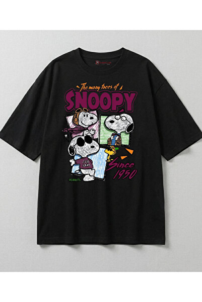 dompulerimoda Snoopy Peanuts Baskılı Siyah Unisex Oversize T-shirt
