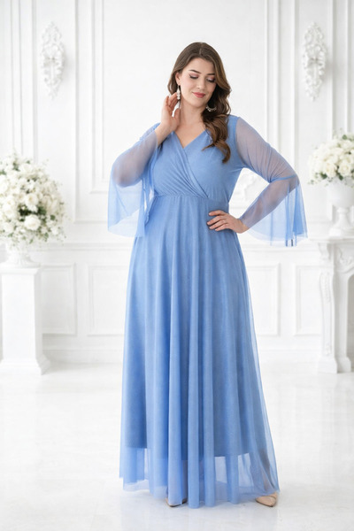 IŞILTI Γυναικείο βραδινό φόρεμα με διπλό γιακά, μακριά μανίκια από τούλι, σιφ...