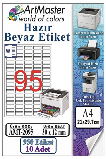 Artmaster A4 Hazır Beyaz Etiket 30x12mm 10 Sayfa 1 Paket 95 li Yapışkanlı Fot...