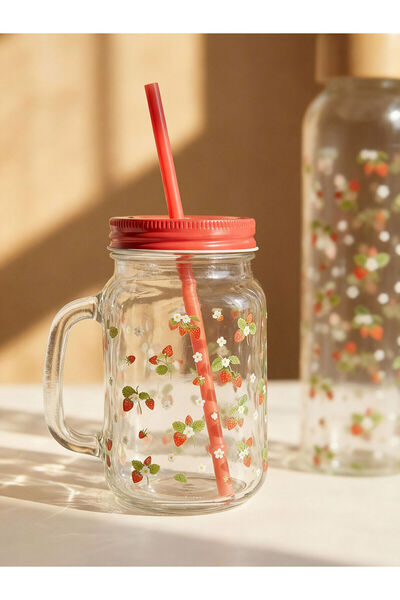 LC Waikiki Rmz Gi̇yi̇m Farkiyla Strawberry Printed Glass Thermos with Straw