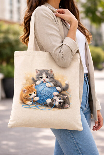 Tomris Hatun Τσάντα από ακατέργαστο ύφασμα με σχέδιο γάτας, τσάντα ώμου, υφασ...