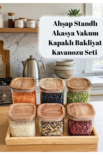 BRE HOME Ahşap Standlı Akasya Vakum Kapaklı Cam Bakliyat Kavanozu Seti - 6'lı...